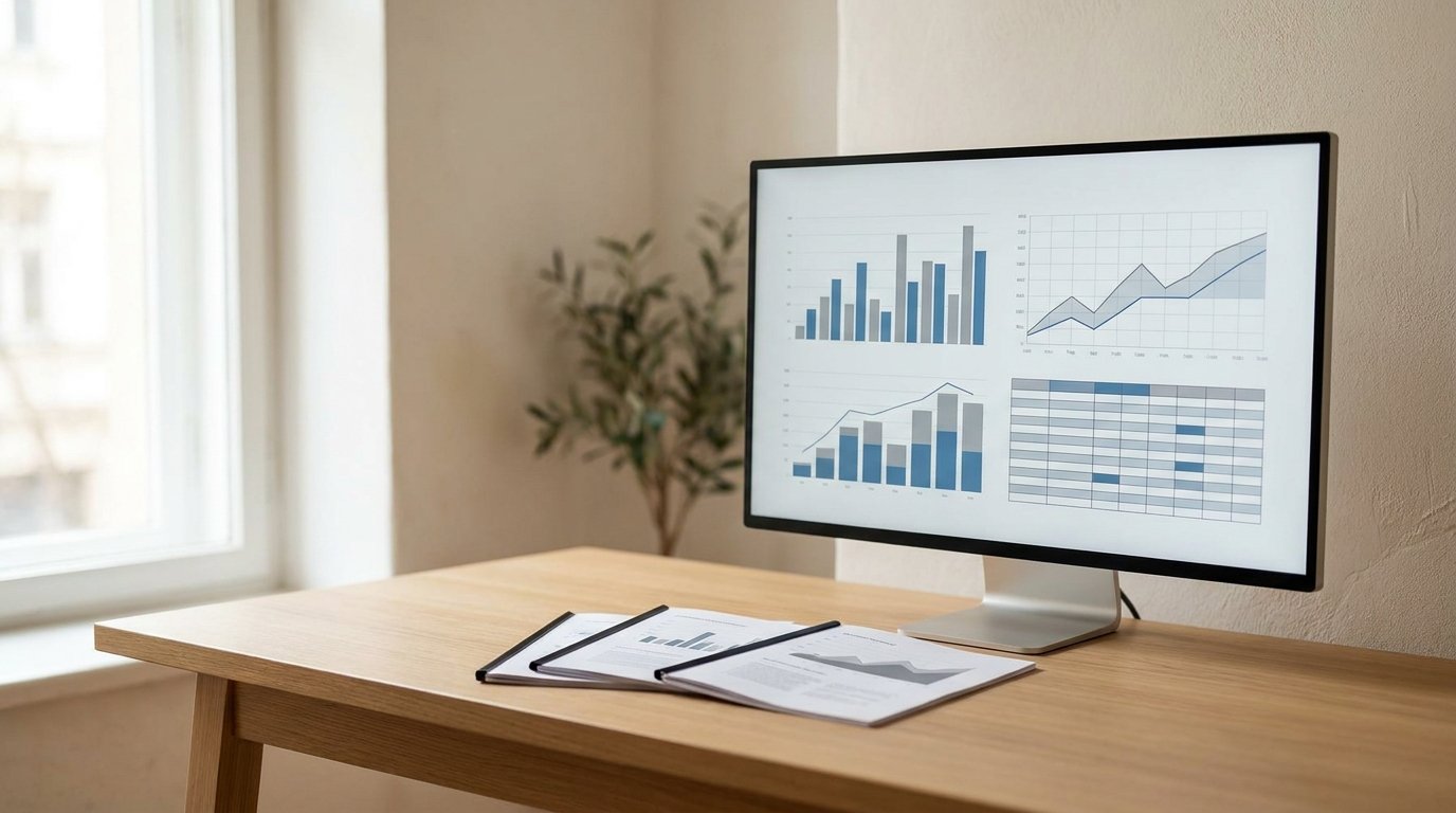 Revenue analytics dashboard beside printed B2B research reports