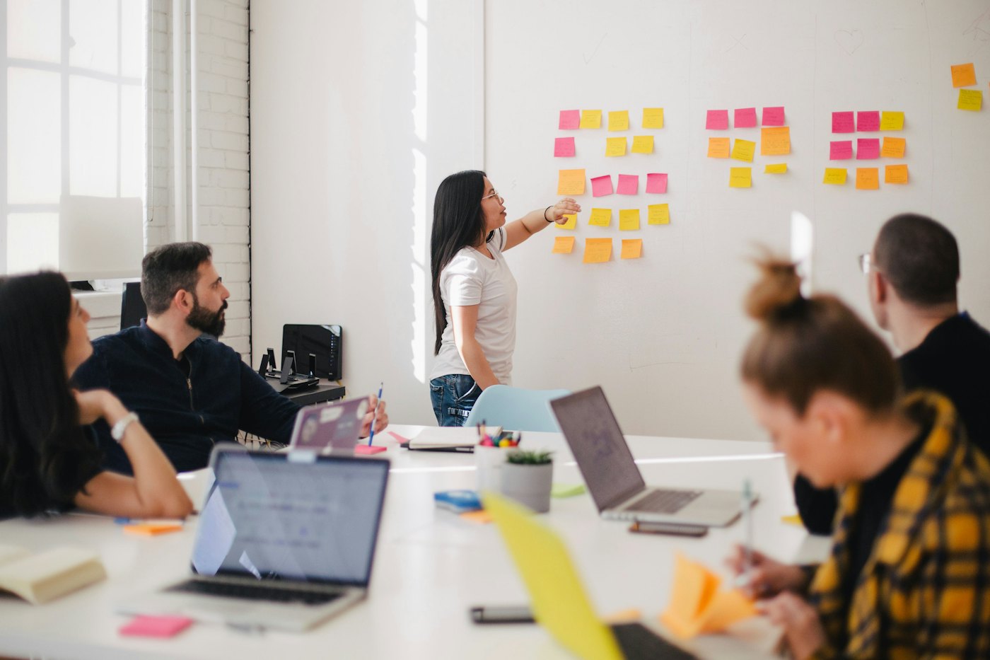 B2B revenue team mapping strategy on a whiteboard during a working session